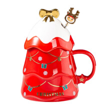 Caneca de Natal de cerâmica com design festivo, caneca de café natalina com tampa e colher do Papai Noel, mantém a bebida quente e evita