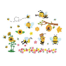 Decorative Wall Stickers For Children's Room, Yellow Bee Flowers Beehive Branch Easy Peel And Stick, Removable Without Residue For Smooth Surface Appl