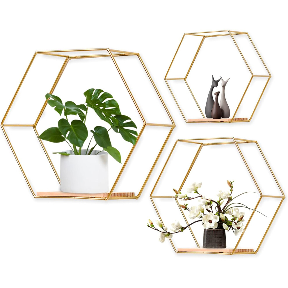 Hexagon Floating Shelves, Nordic Style Iron Art For Any Decoration, Robust And Stable With -Quality Solid Wood On Bottom, Perfect For Kitchen Bathroo 9012352422615