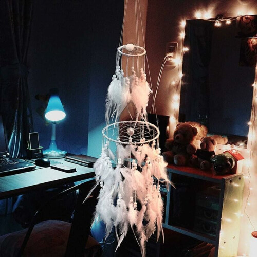 Διακοσμητική Ονειροπαγίδα Boho Chic, Σχέδιο Φεγγαριού με Φυσικά Φτερά για 2