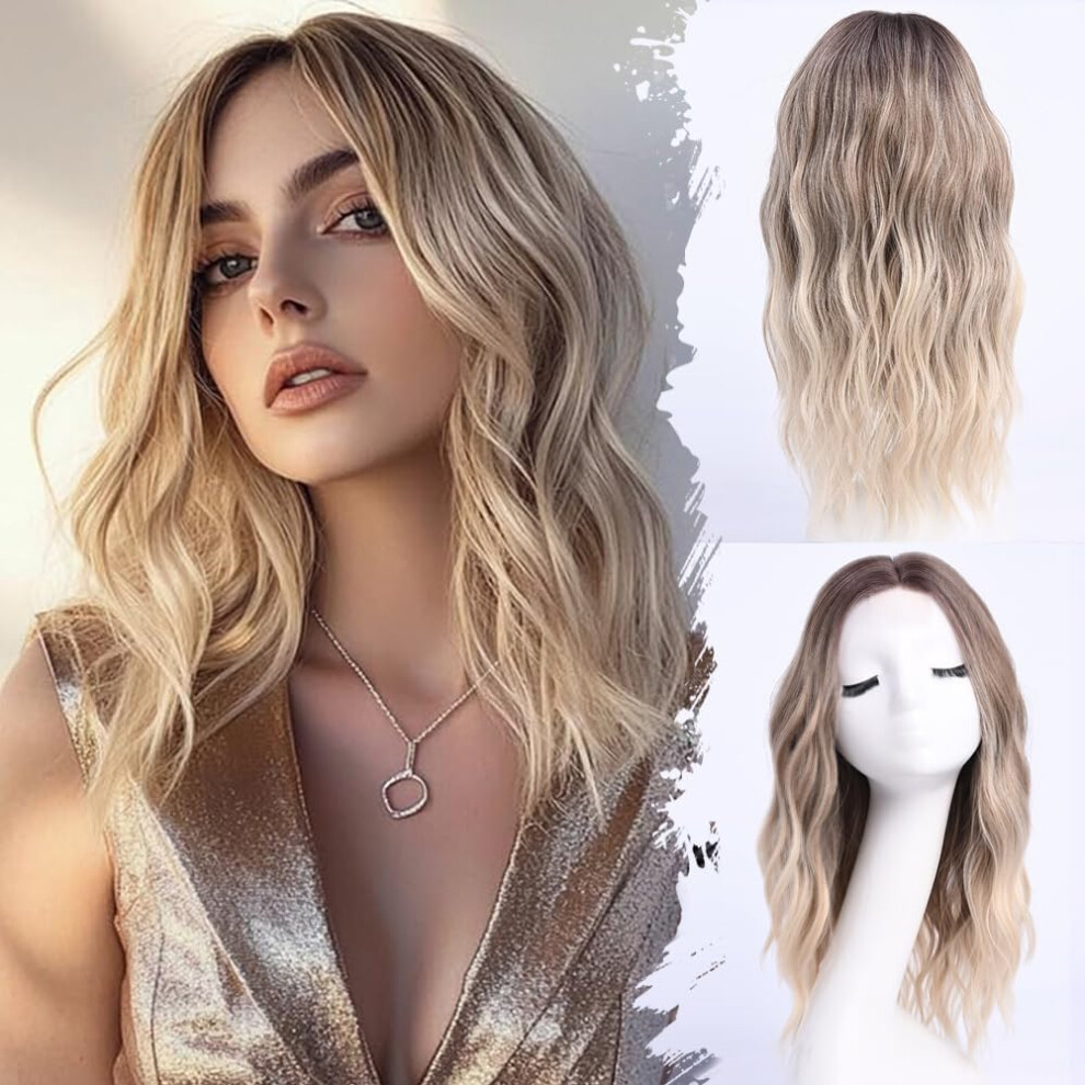 Medium Length Ombre Blonde Ash Wavy Wigs For Women 18 Inch Mid Part Synthetic HeatResistant Fiber Dark Roots