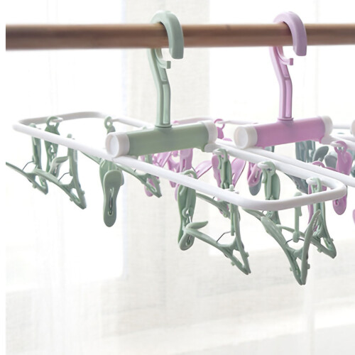Foldable Plastic Drying Clip Rack with 12 Clips, Windproof, Green 2