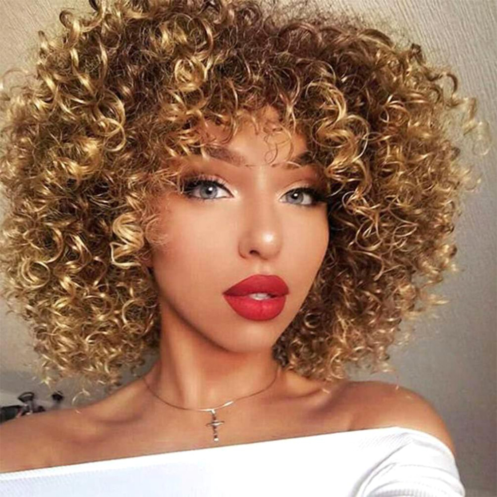 Unisex Short Kinky Curly Afro Wigs With Fringe Synthetic Hair Heatresistant 14Inch Brownblonde