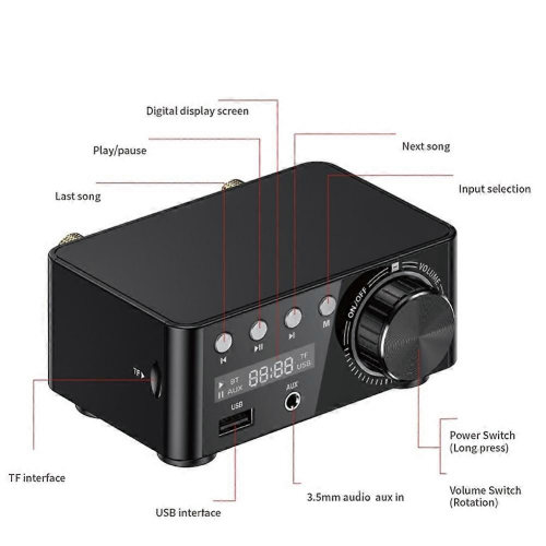 Ενισχυτής Bluetooth 5.0 50W + 50W 100W Ψηφιακός Ενισχυτής Ήχου Μαύρος 2