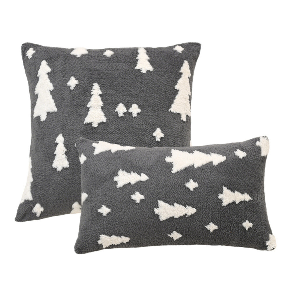 (Xmas Tree + Grey) Set Of 2 Christmas Snowflake Plush Jacquard Throw Pillow Cover, Soft Faux Fur Festivals Winter Cushion Case Decoration 6915070009607