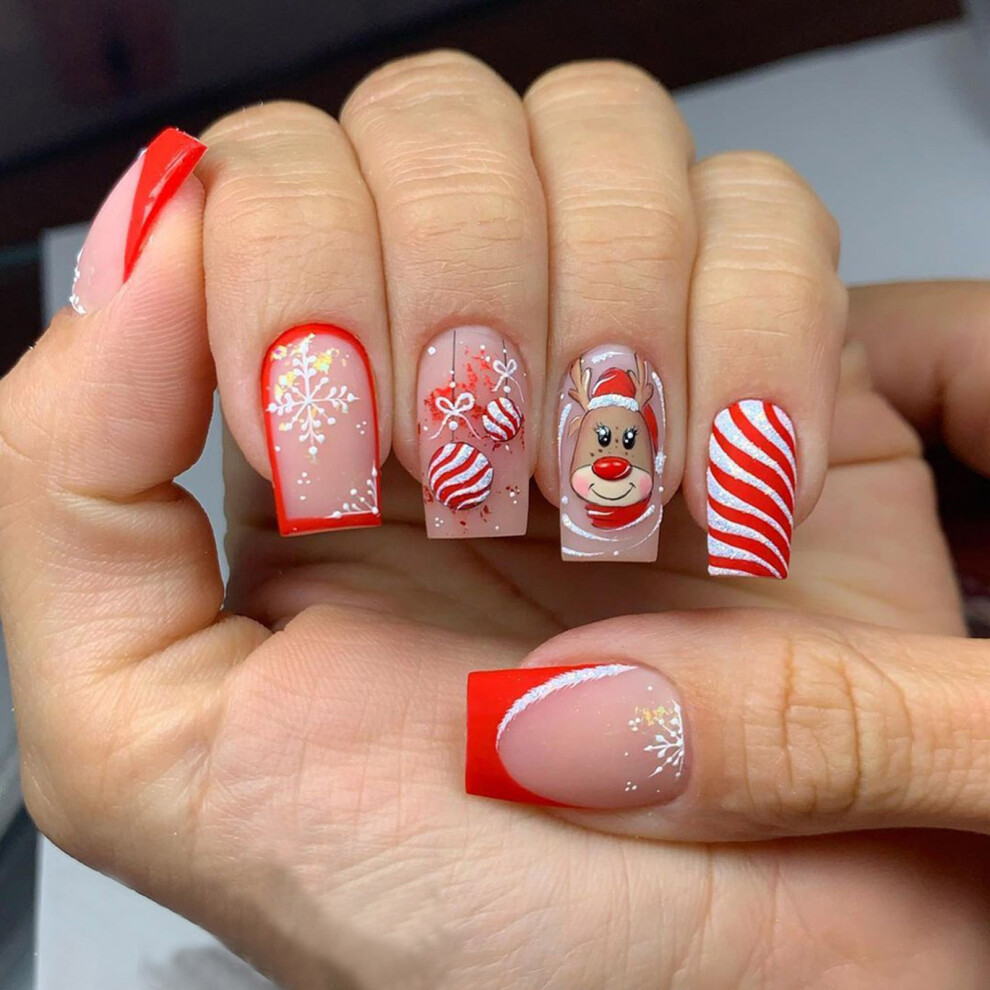 Cartoon Elks False Nails Christmas Press On Nails Stripes