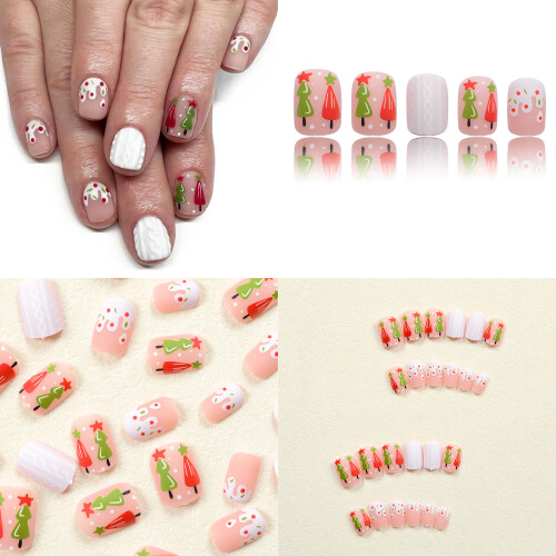 False Nails with Christmas Tree Designs Press On Nails Full 1
