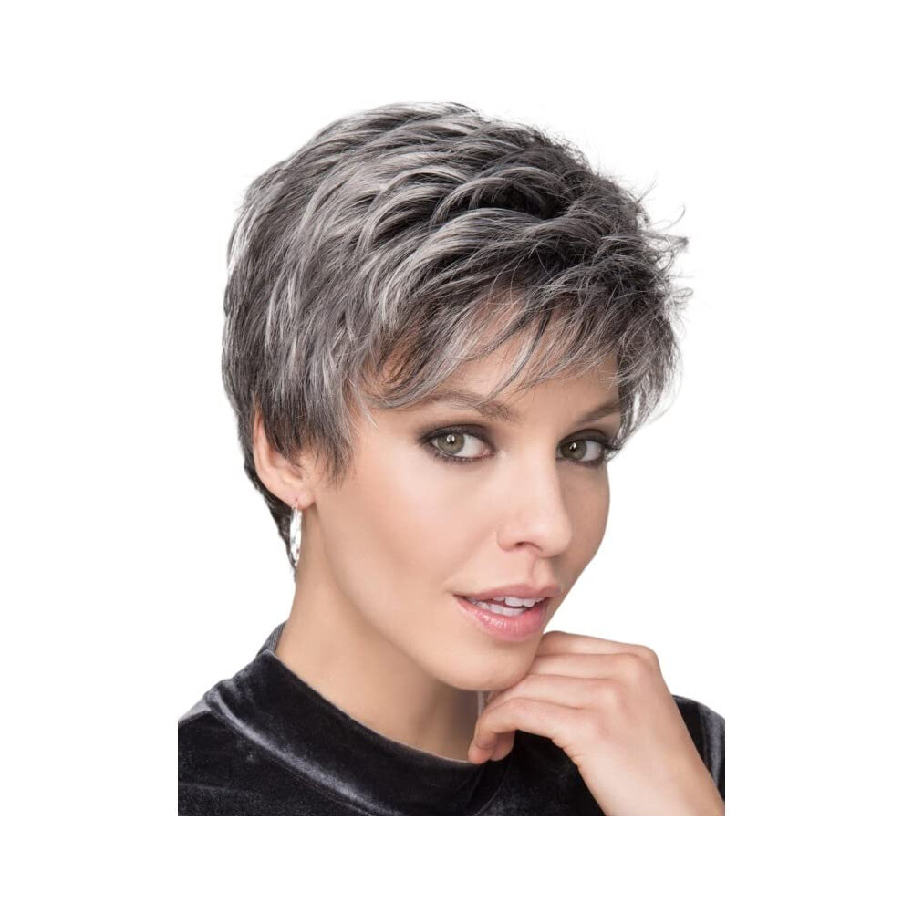 Oimg Unisex Kurz-Lockige-Graue-Peruecken-Fuer-Frauen-Pixie-Schnitt-Peruecke-Synthetisch-Schwarz