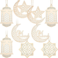 9-teiliges Set Holzanhänger-Ornamente Ramadan Hohldekoration Mond Stern Windlichtform Eid Dekorationen