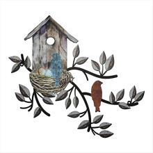Wanddeko „Vögel“ aus Metall, Wanddekoration für den Außenbereich, hängender Baum mit Vogelhaus für das Wohnzimmer