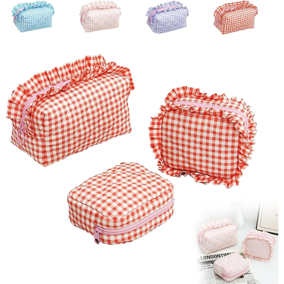 Oimg Red Ruffle Pouch Bag With Gingham Design - Travel Cute Cosmetic Bag, Small