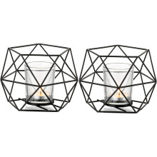 Geometric Tealight Candle Holder Set Of 2, Premium Metal Glass Material Versatile Use Tea Light Pillar For Wedding Birthday Party Special Occasion Dec