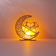 Maisíocht adhmaid Eid Mubarak, plaic crochta Ramadan le réalta gealaí log, solas LED ísealfhuinnimh faoi thiomáint ceallraí, dearadh galánta