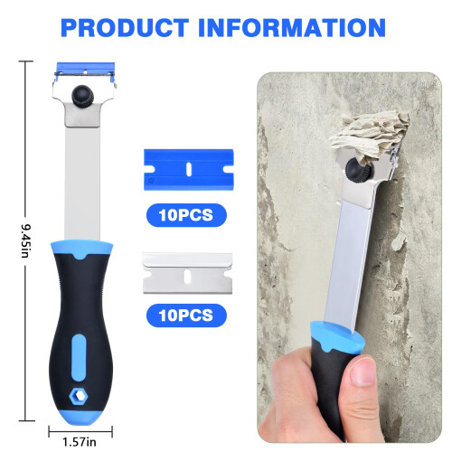（Long Handle Scraper Tool）Razor Blade Scraper Tool with 10 Pcs Extra Replacement Metal and 10 Pcs Plastic Razor Blades, Long Handle Scrape 1