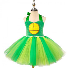 (12T, 3pcs) Girls Turtle  Dress Halloween Party Animal Role Play Outfit 3-Piece Set Halter Neck Mesh Dress