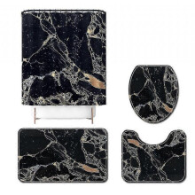 4pcs Stone Textured Toilet Floor Mat Shower Curtain Toilet Set Bathroom Anti-slip Mat Set