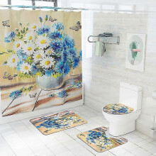 4pcs Non-slip Bathroom Mat Digital Printing Waterproof Shower Curtain