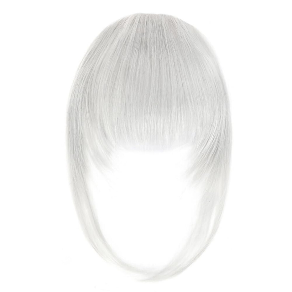 12inch Clip in Fringe Real Human Hair Extensions, French Bangs With Temples, Natural Color Washable Silver Gray