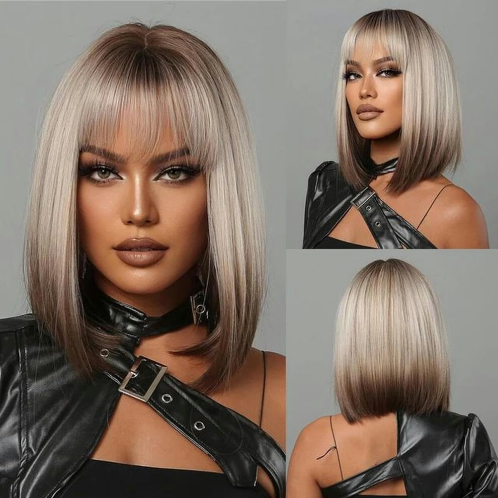Unisex Brown Blonde Ombre Synthetic Wigs Short Straight Wig For Women Middle Part Lolita Cosplay Heatresistant Fiber