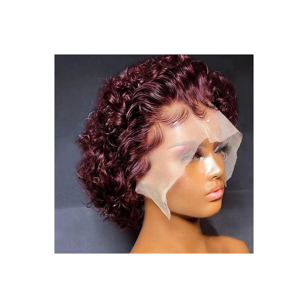 Unisex Red Short Curly Human Hair Wig 13X1 Lace Wig 6 Inch Pixie Curly Baby Hair Glueless Wine