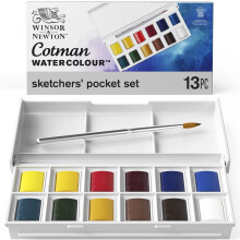 Winsor & Newton Cotman Watercolor Paint Set Sketchers' Pocket Set 12 Half Pans w/ Brush