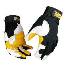 John Tillman Groe Vollfinger-Mechanikerhandschuhe aus echtem TrueFit-Ziegenleder und Spandex mit schwarzen Perlen und Gold und elastischem Klett