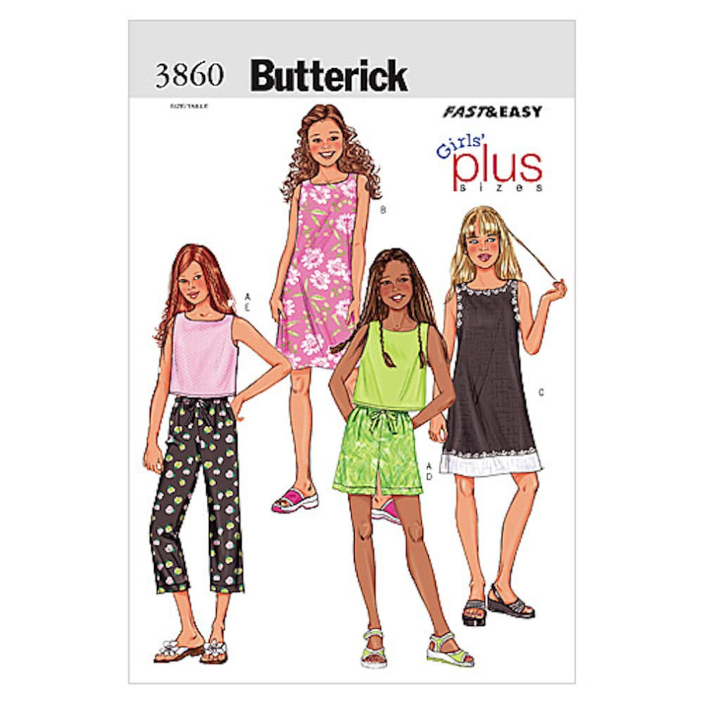 Butterick Patterns B3860 Size 7-8-10-12-14 Girls Plus Top/Dress/ Shorts/Pants, Pack of 1, White