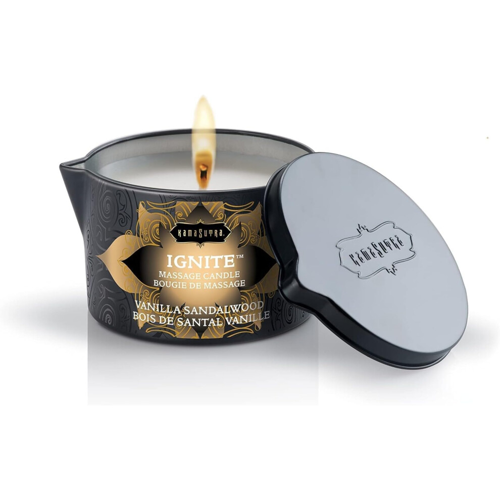 Kama Sutra Ignite Massage Candle - Coconut Oil And Soy Based - Vanilla Sandalwood 6 Oz Candle Melts Into A Warm Massage Oil Couples Massage Pour S