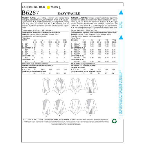 Butterick BUTTERICK PATTERNS B6287 Γυναικείο Τουνίκ, XY (Μικρό-Μεσαίο-Μεγάλο) 1