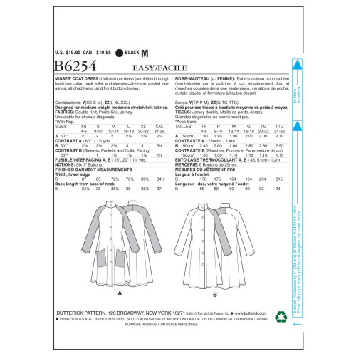 Butterick Butterick Patterns B6254ZZ0 Γυναικείο Παλτό Φόρεμα, ZZ (LRG-XLG-XXL) 1