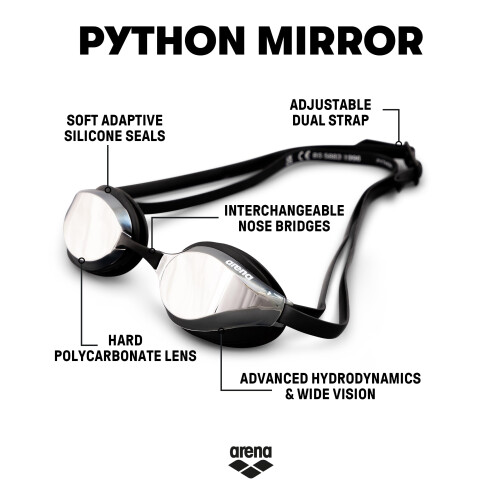 Arena (Silver-Black) Arena Python Mirror Schwimmbrille, hydrodynamisches Design, weites Sichtfeld, perfekte Passform 1