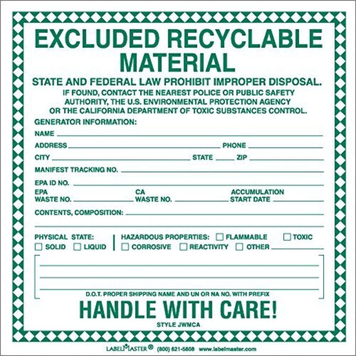 Labelmaster JWMCA Excluded Recyclable Material Label (Pack of 100)