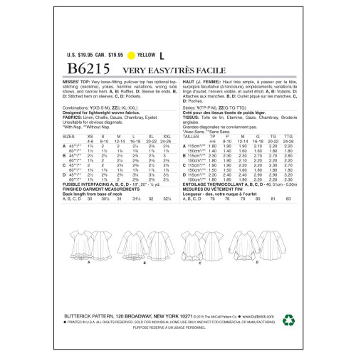 Butterick Butterick Patterns B6215ZZ0 Γυναικείο Τοπ, ZZ (LRG-XLG-XXL) 1