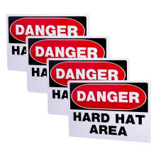 Señal de peligro Área de casco, No entrar, 14x10 pulgadas, Aluminio resistente a la corrosión, Impresión UV, Fácil de montar (4-Pack)
