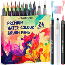 Watercolour Brush Pens - 24 Vibrant Colouring Pens & 2 Blending Brushes - Premium Quality Art Supplies Featuring Soft, Real Tip - Perfect for Cal