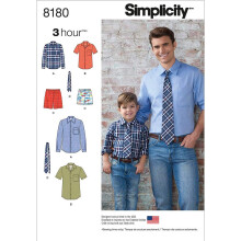 Simplicity 8180 Mäns och pojkars skjorta, boxershorts och slips sömnadsmönster i storlek A (S-L / S-XL)