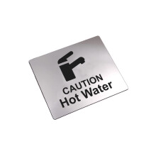 Seal de precaucin para grifo de agua caliente con adhesivo en la parte trasera, color plateado metlico, grabado en negro con smbolo de icono