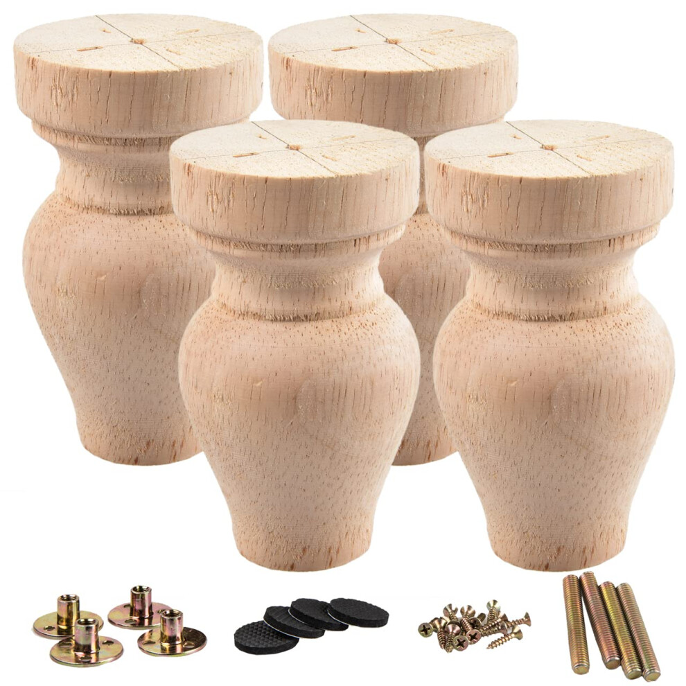La Vane 7 Inch / 18Cm Wooden Furniture Legs Set Of 4 Carved Geometry Solid Wood Unfinished Replacement Bun Feet With Mounting Plate & Screws For Sof 8789259368452