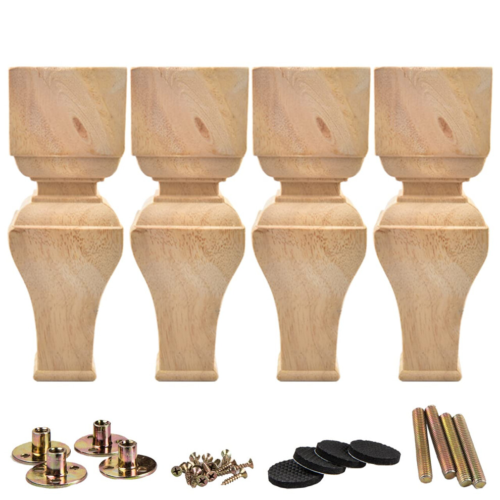 La Vane 8 Inch / 20Cm Wooden Furniture Legs Set Of 4 Carved Geometry Solid Wood Unfinished Replacement Bun Feet With Mounting Plate & Screws For Sof 8789259368476