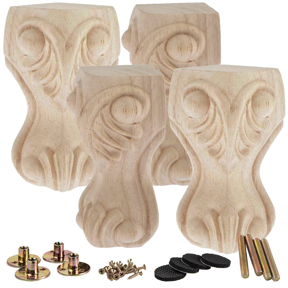 La Vane 4 Inch / 10Cm Wooden Furniture Legs Set Of 4 European Style Solid Wood Carving Furniture Replacement Feet Decoration For Sofa Cabinet Wardro 8789259465397