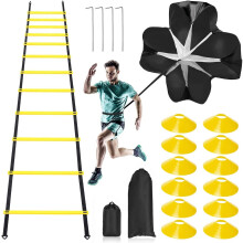 Pro Speed Agility Training Set,Includes 12 Rung 20ft Adjustable Agility Ladder with Bag,12 Sports Cones,4 Steel Stakes,1 Resistance Parachute for Kids