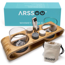 ARSSOO Whisky Glass & Whisky Stones -lahjasetti - 2 10Oz Scotch Bourbon -lasia 4 pyre jhdytyskive 1 jpihti 2 lasialustaa bambujalusta ja same