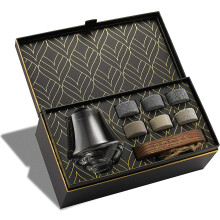 Whiskysten og premium krystaln?seglas gaves?t - 6 h?ndlavede runde granitsten - Tumler til Whisky Scotch Bourbon-smagning - Pr?sentationsbakke i