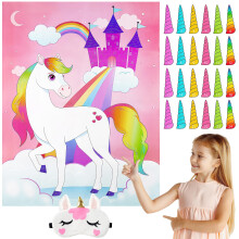 Pin The Horn on The Unicorn Party Game with a 28 x 21 Poster 24 Horns 1 Eye Mask for Unicorn Party Favors Kids Birthday Party Supplies Decorations