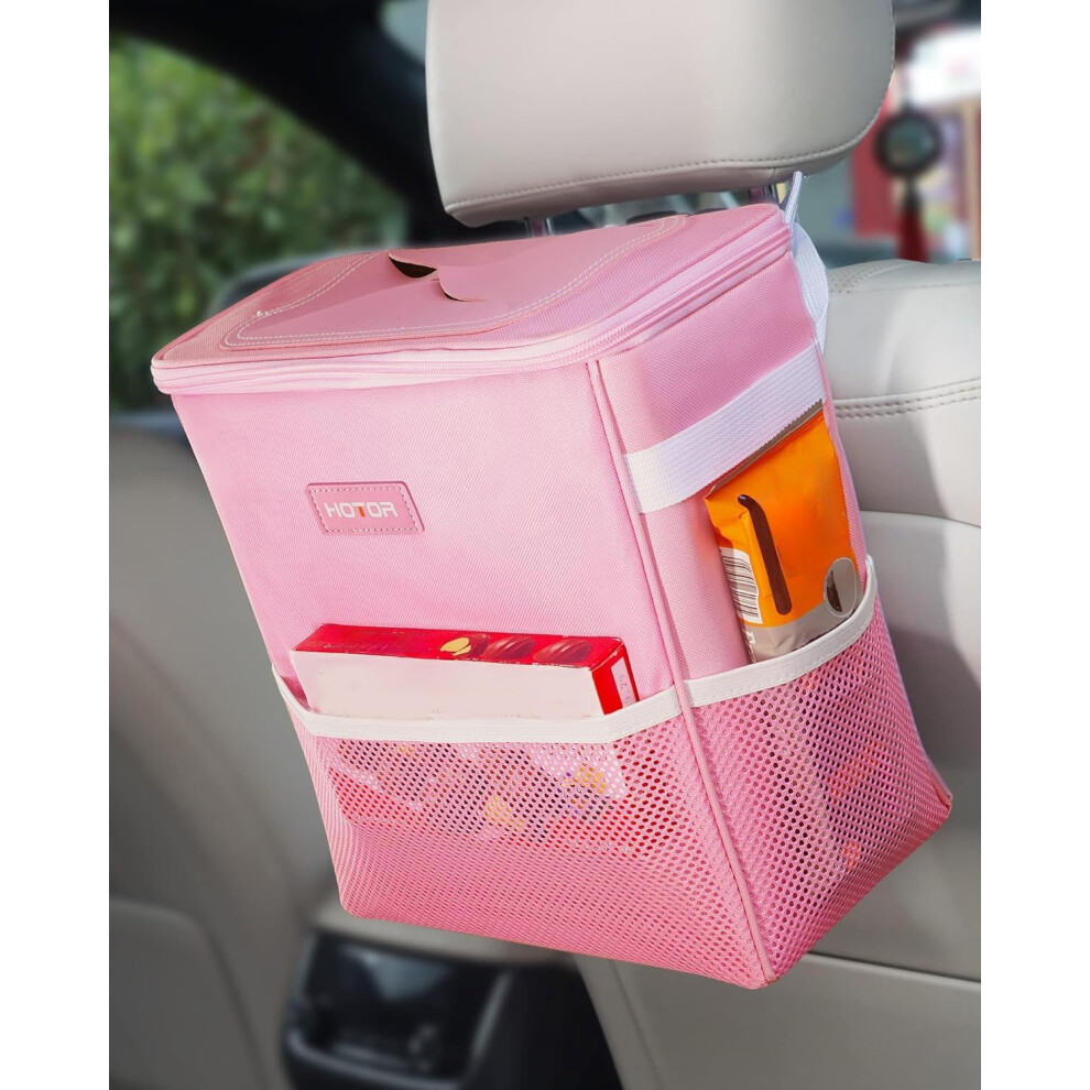 Hotor Car Trash Can With Lid And Storage Pockets - 100% Leak-Proof Organizer Waterproof Garbage Can Multipurpose Trash Bin For Car 2 Gallons Pink 6972777650648