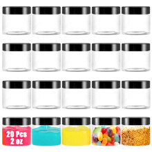 20 Pack 2 oz Clear Plastic Round Slime Containers Empty Plastic Storage Jars with Black Lids Refillable Storage Container for Slime Cosmetic Cream Pa