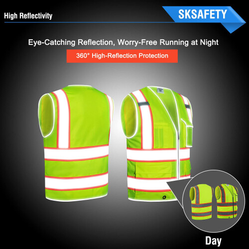 SKSAFETY Γιλέκο Ασφαλείας 10 Θ pocket, Υψηλής Ορατότητας, με Φερμουάρ, Αντανάκλασης 1