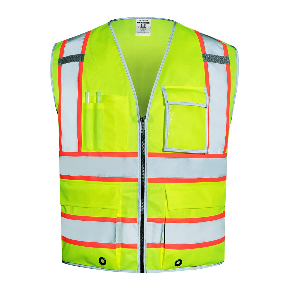 Sksafety 10 Pockets Safety Vest Class 2 High Visibility Security With Zipper Hi Vis Vest With Reflective Strips Ansi/Isea Standard Construction W 850033157109
