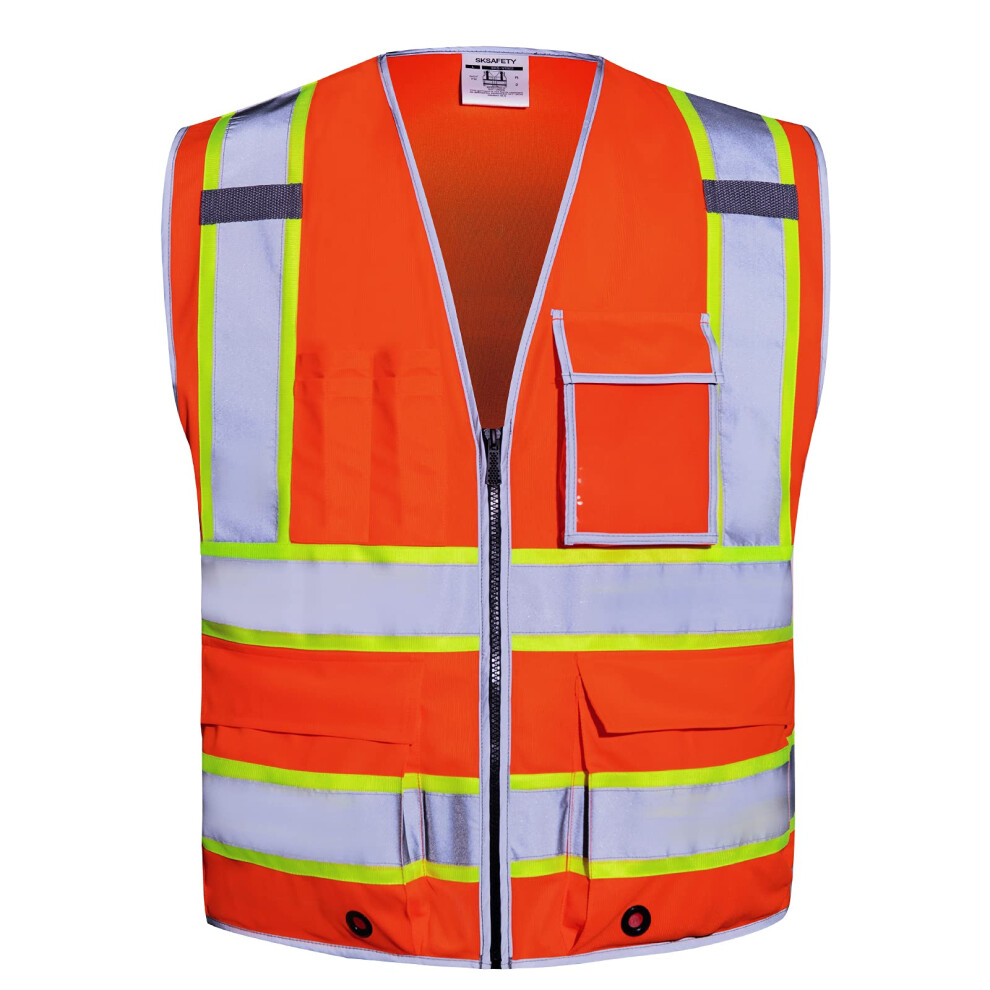 SKSAFETY 10 Pockets Safety Vest Class 2 High Visibility Security with Zipper Hi Vis Vest with Reflective Strips ANSI/ISEA Standard Construction W-image-OPC-PN9BQ9N-NEW