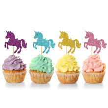 MonMon & Craft 24 Pcs Cupcake Toppers Licorne / Baby Shower & Anniversaire d'Enfant / Paillettes Argent & Or